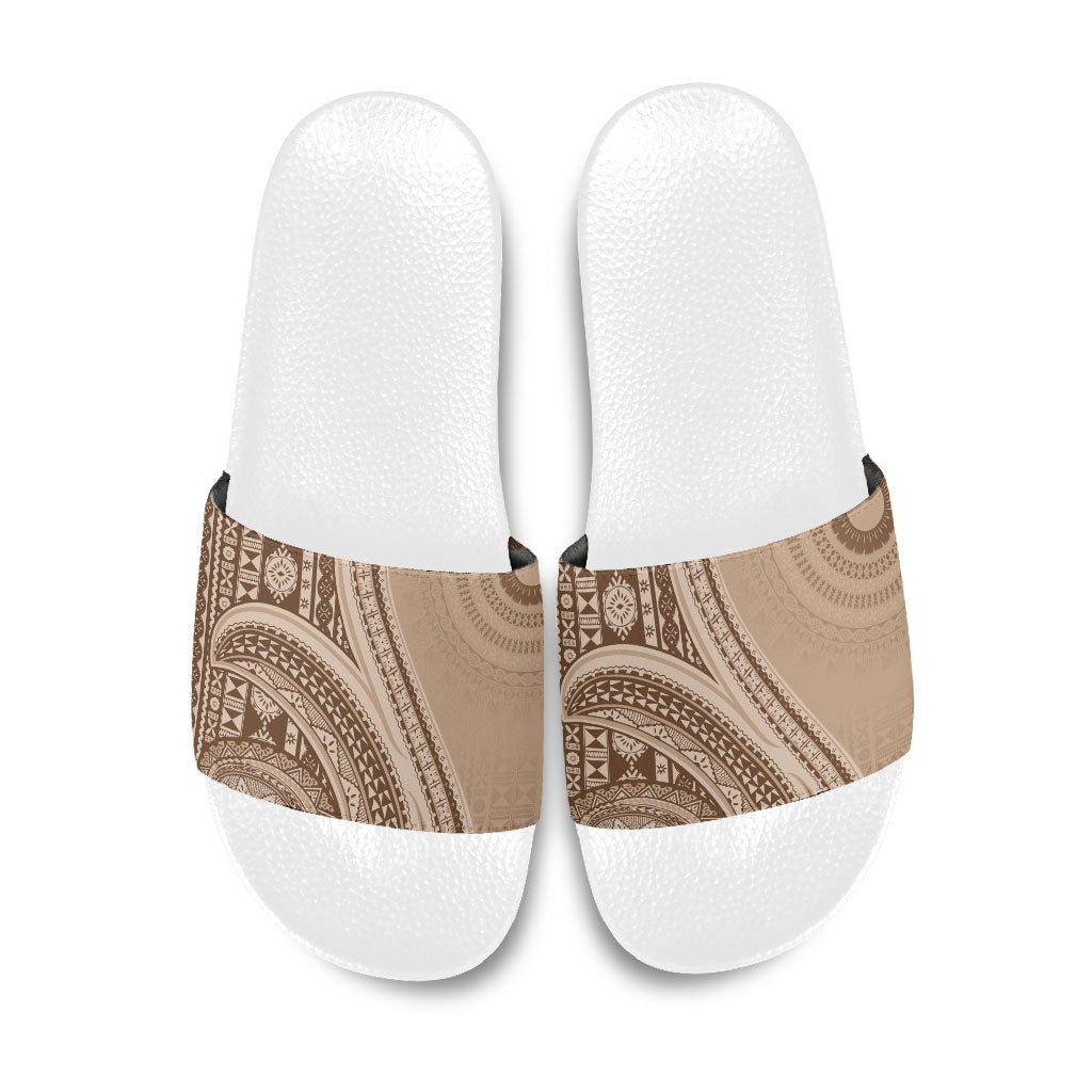 Bula Fiji Vintage Tapa Slide Sandals Kaivity Masi Wave Motifs - Mocha