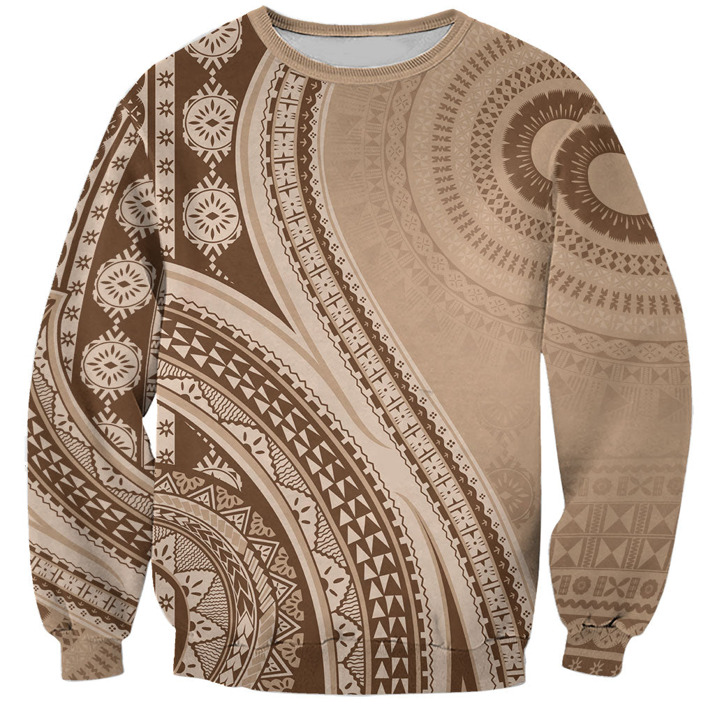 Bula Fiji Vintage Tapa Sweatshirt Kaivity Masi Wave Motifs - Mocha