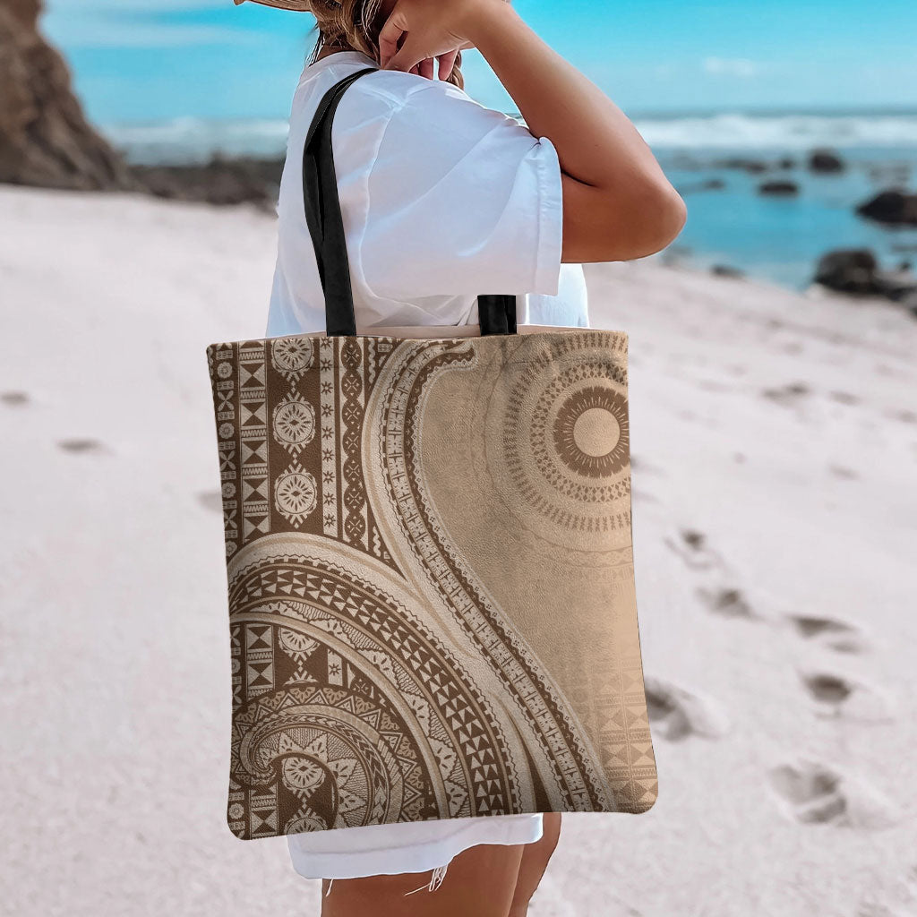 Bula Fiji Vintage Tapa Tote Bag Kaivity Masi Wave Motifs - Mocha