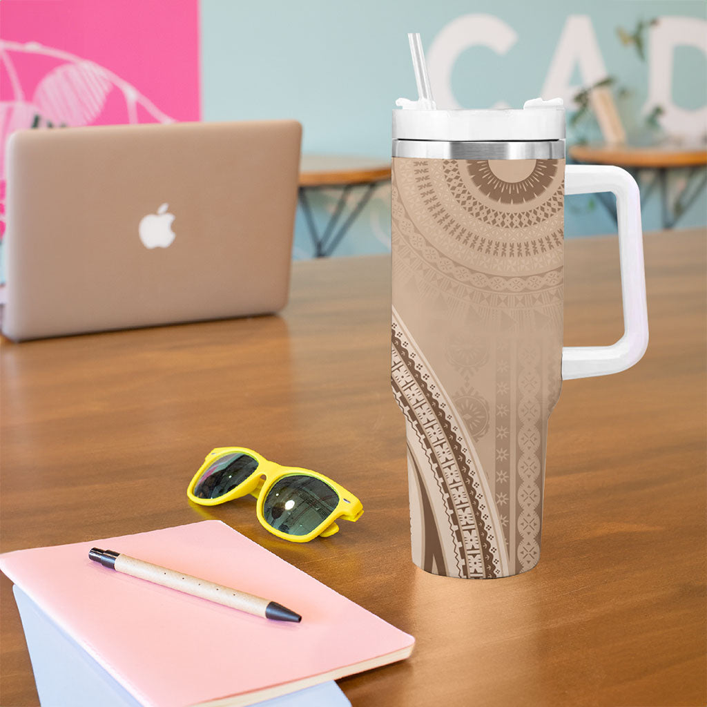 Bula Fiji Vintage Tapa Tumbler With Handle Kaivity Masi Wave Motifs - Mocha