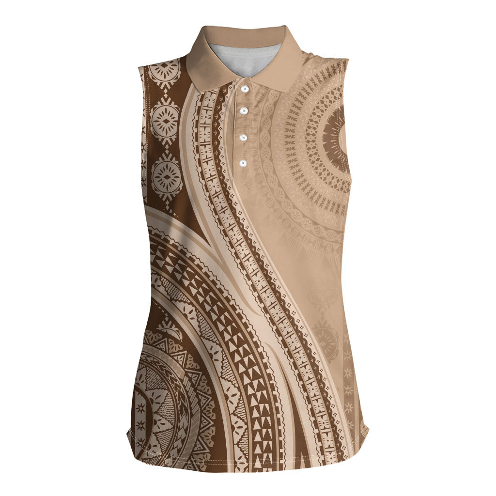 Bula Fiji Vintage Tapa Women Sleeveless Polo Shirt Kaivity Masi Wave Motifs - Mocha