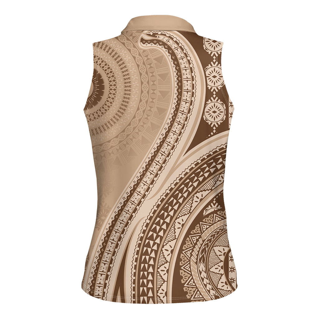 Bula Fiji Vintage Tapa Women Sleeveless Polo Shirt Kaivity Masi Wave Motifs - Mocha