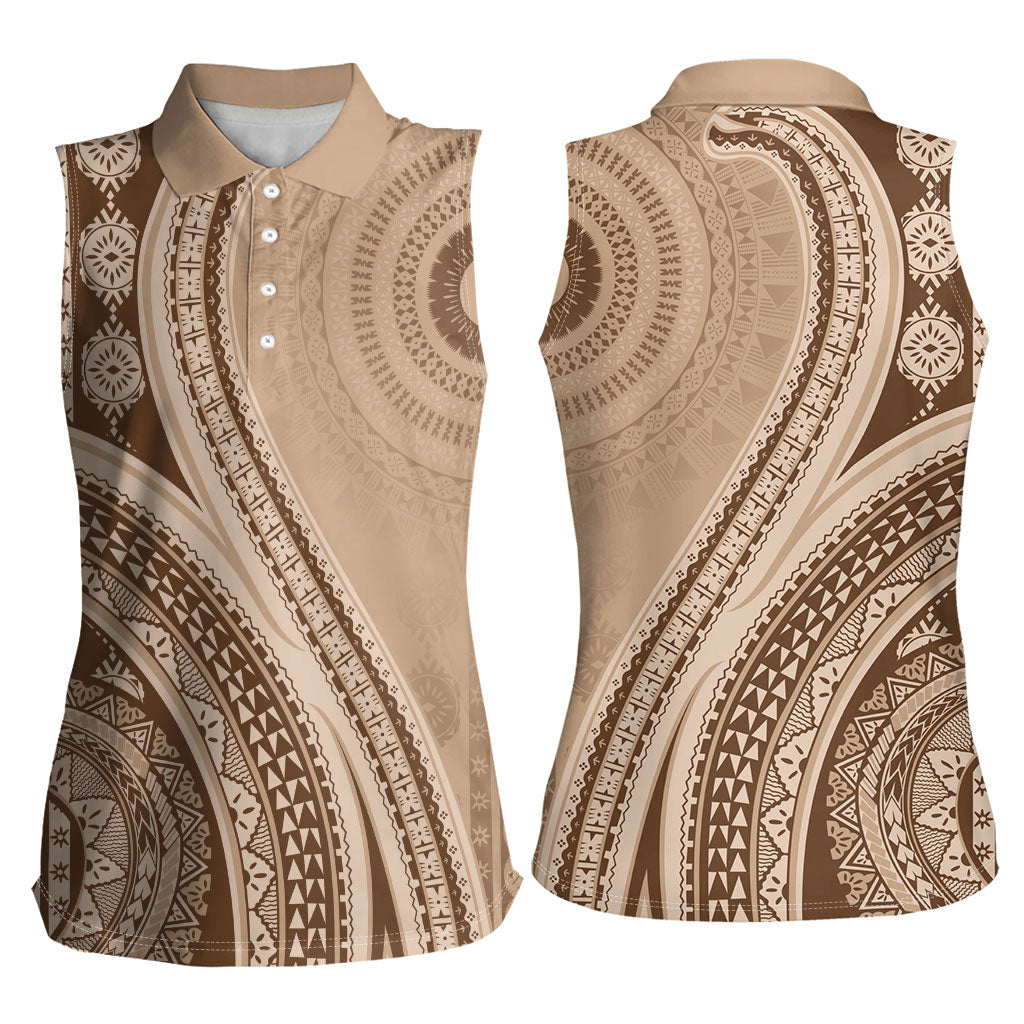 Bula Fiji Vintage Tapa Women Sleeveless Polo Shirt Kaivity Masi Wave Motifs - Mocha