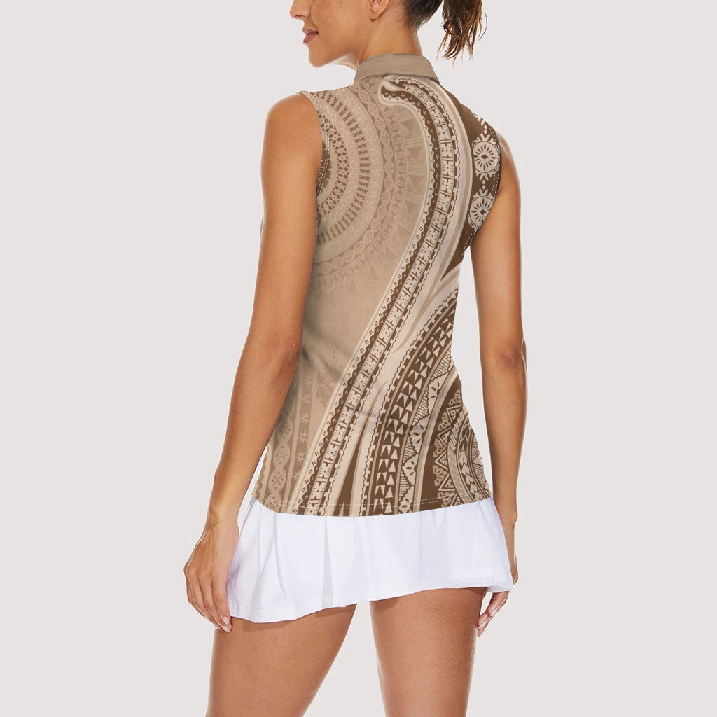 Bula Fiji Vintage Tapa Women Sleeveless Polo Shirt Kaivity Masi Wave Motifs - Mocha