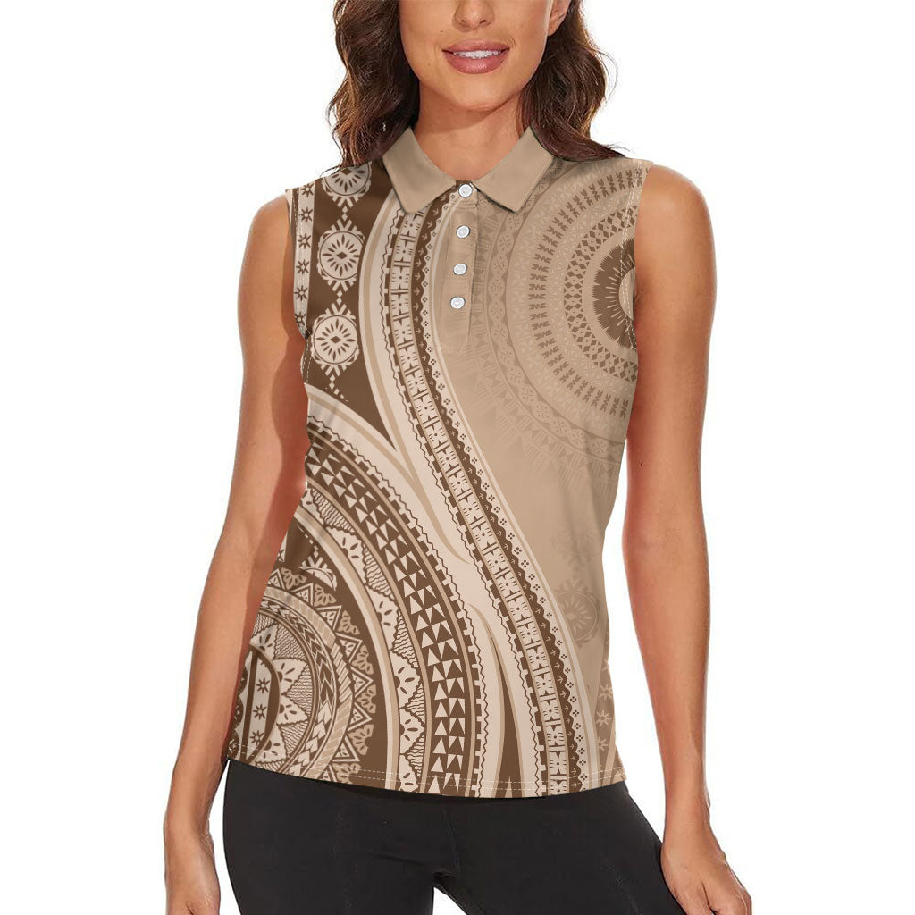 Bula Fiji Vintage Tapa Women Sleeveless Polo Shirt Kaivity Masi Wave Motifs - Mocha