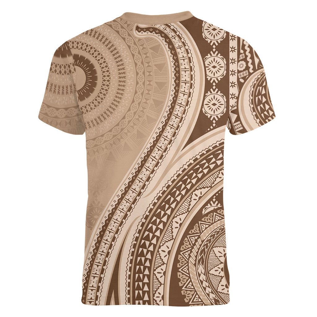Bula Fiji Vintage Tapa Women V-Neck T-Shirt Kaivity Masi Wave Motifs - Mocha