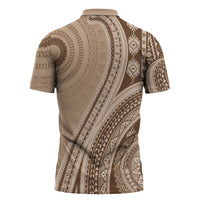 Bula Fiji Vintage Tapa Zipper Polo Shirt Kaivity Masi Wave Motifs - Mocha
