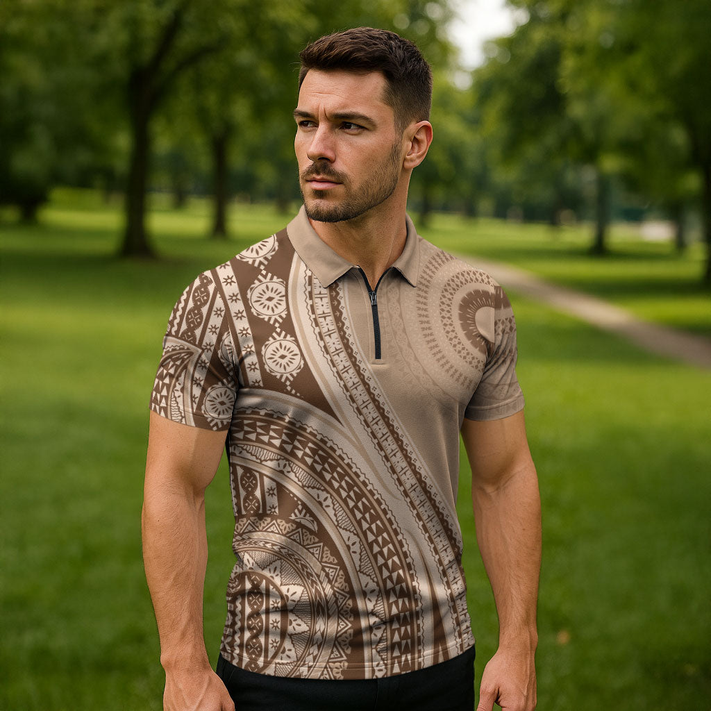 Bula Fiji Vintage Tapa Zipper Polo Shirt Kaivity Masi Wave Motifs - Mocha