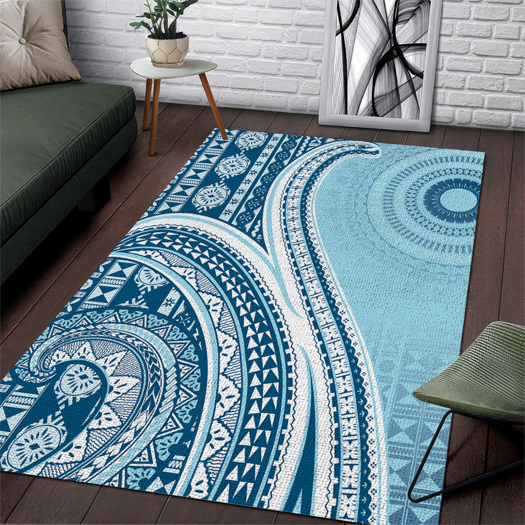Bula Fiji Vintage Tapa Area Rug Kaivity Masi Wave Motifs - Turquoise