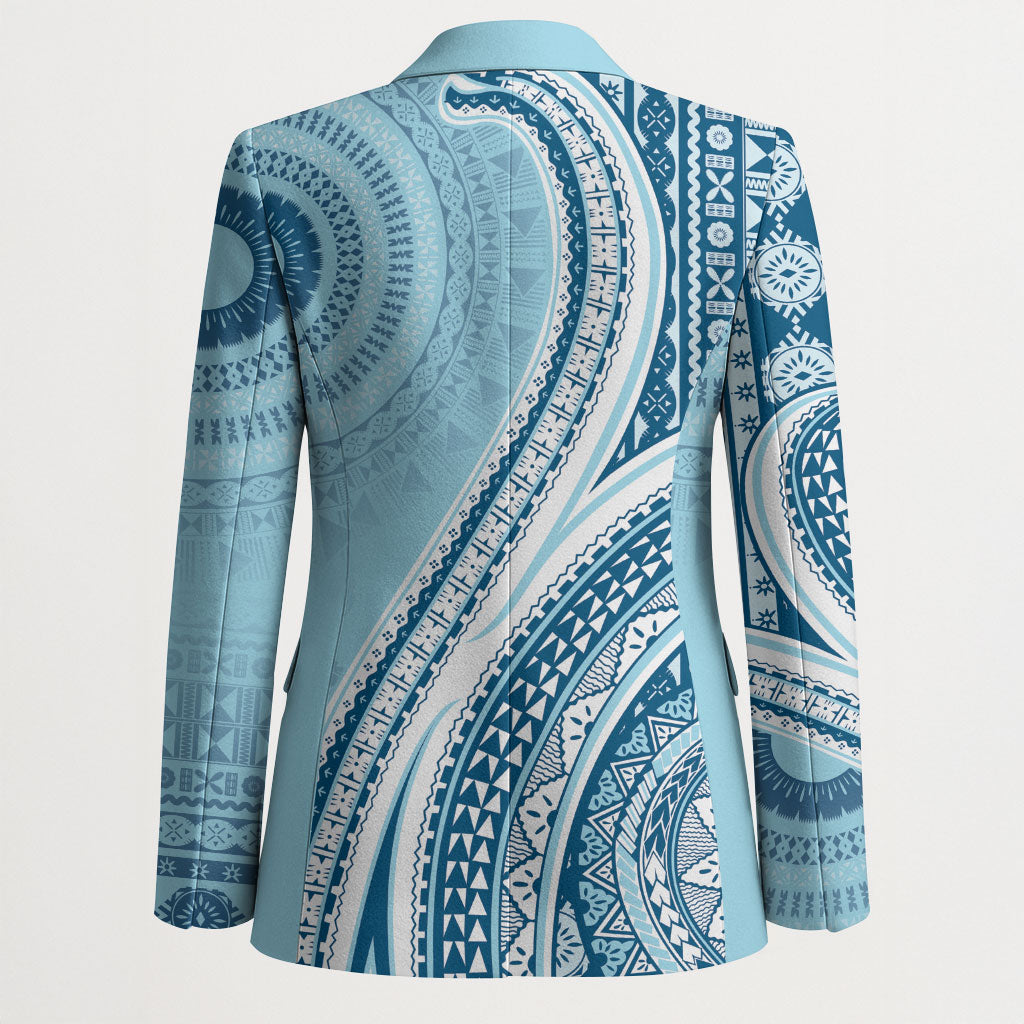 Bula Fiji Vintage Tapa Blazer Kaivity Masi Wave Motifs - Turquoise
