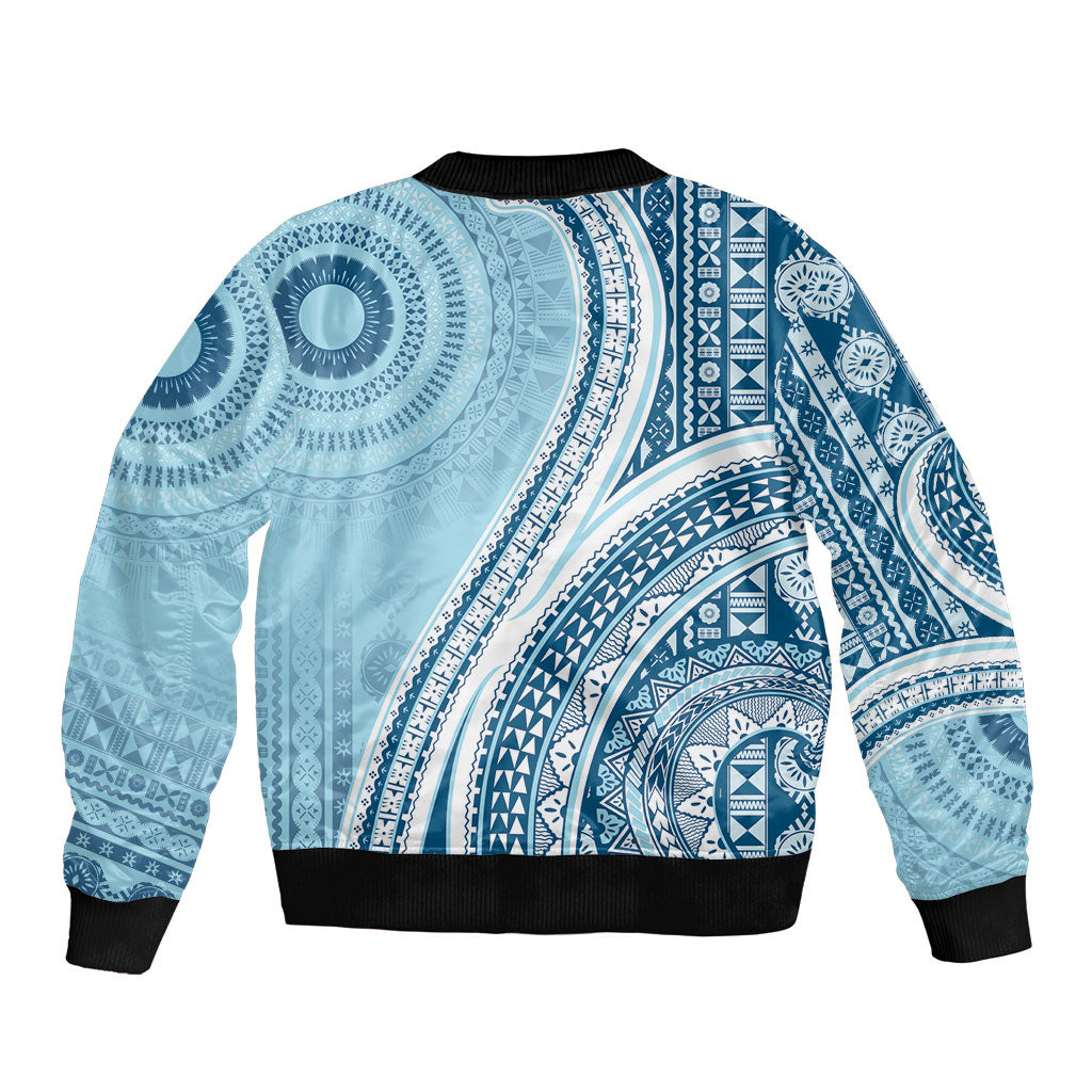 Bula Fiji Vintage Tapa Bomber Jacket Kaivity Masi Wave Motifs - Turquoise