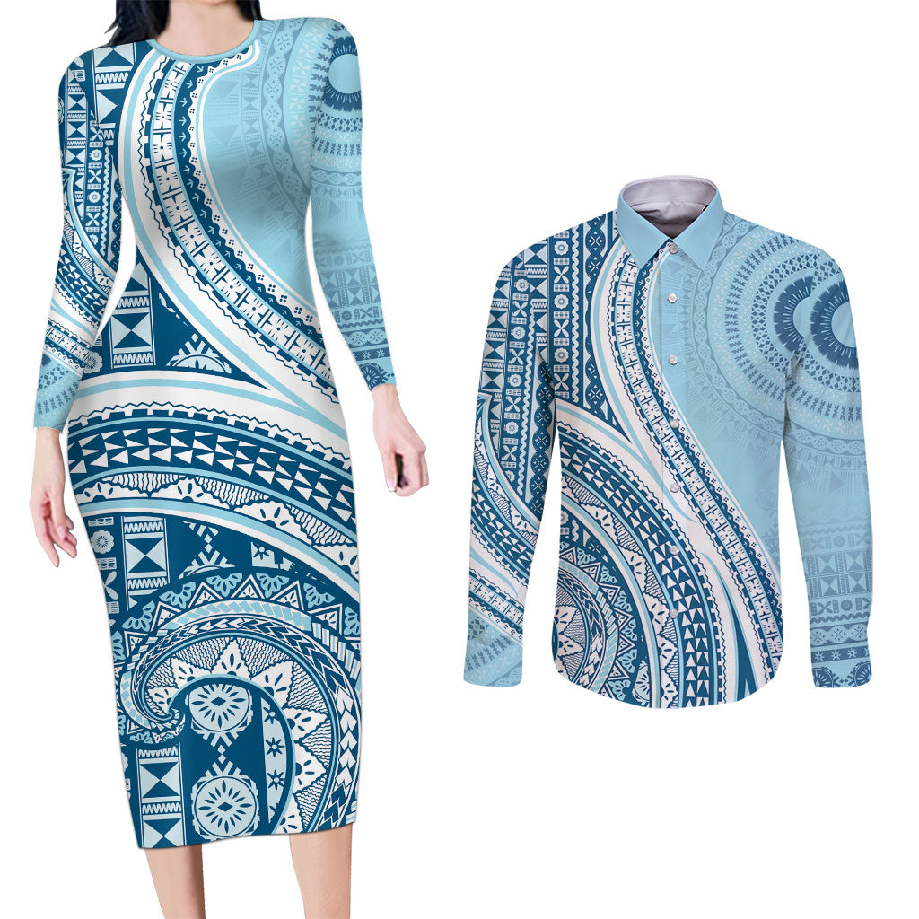 Bula Fiji Vintage Tapa Couples Matching Long Sleeve Bodycon Dress and Long Sleeve Button Shirt Kaivity Masi Wave Motifs - Turquoise LT7 Turquoise - Polynesian Pride