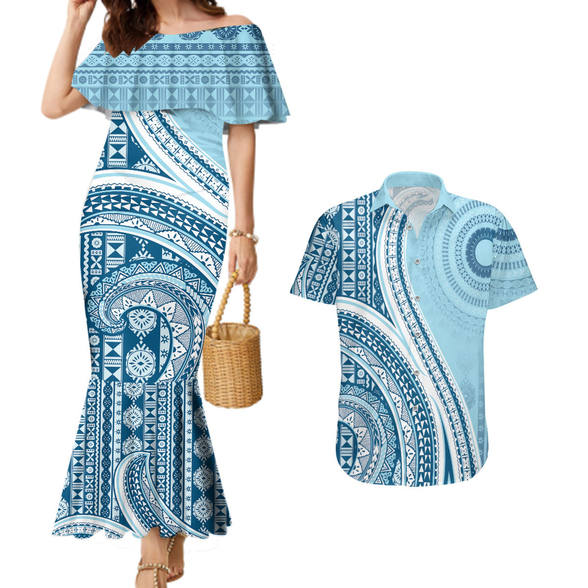 Bula Fiji Vintage Tapa Couples Matching Mermaid Dress and Hawaiian Shirt Kaivity Masi Wave Motifs - Turquoise