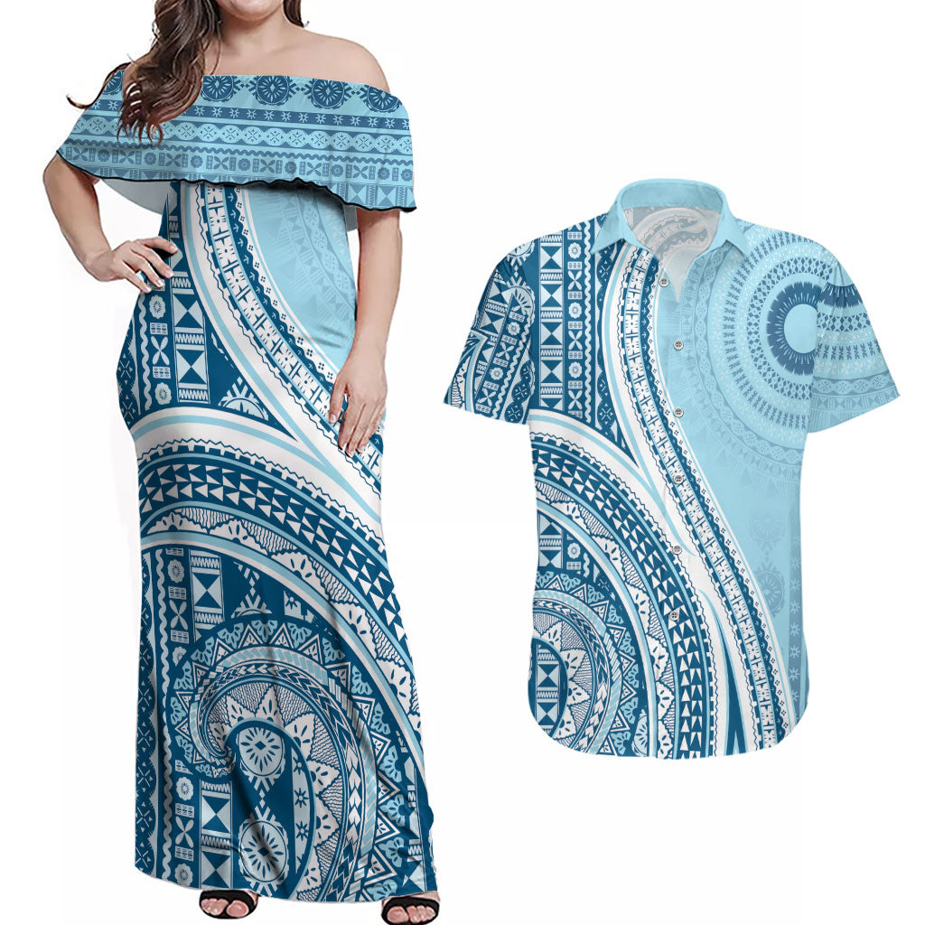 Bula Fiji Vintage Tapa Couples Matching Off Shoulder Maxi Dress and Hawaiian Shirt Kaivity Masi Wave Motifs - Turquoise LT7 Turquoise - Polynesian Pride
