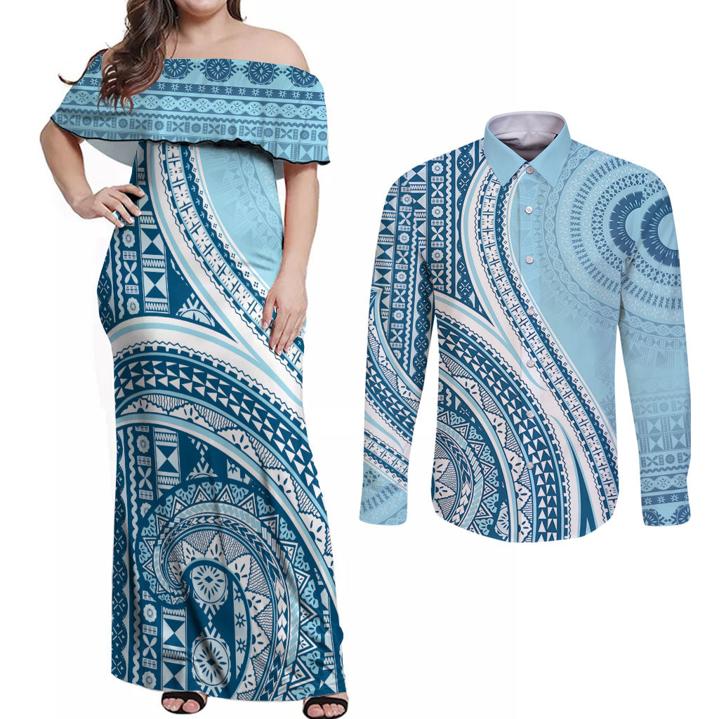 Bula Fiji Vintage Tapa Couples Matching Off Shoulder Maxi Dress and Long Sleeve Button Shirt Kaivity Masi Wave Motifs - Turquoise LT7 Turquoise - Polynesian Pride