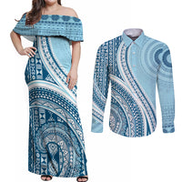 Bula Fiji Vintage Tapa Couples Matching Off Shoulder Maxi Dress and Long Sleeve Button Shirt Kaivity Masi Wave Motifs - Turquoise LT7 Turquoise - Polynesian Pride