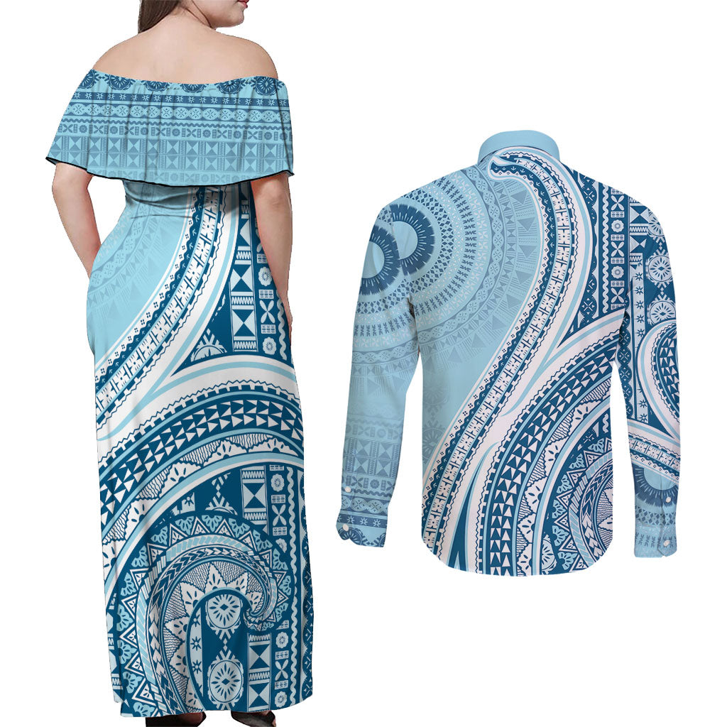 Bula Fiji Vintage Tapa Couples Matching Off Shoulder Maxi Dress and Long Sleeve Button Shirt Kaivity Masi Wave Motifs - Turquoise LT7 - Polynesian Pride
