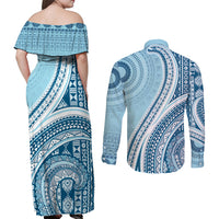 Bula Fiji Vintage Tapa Couples Matching Off Shoulder Maxi Dress and Long Sleeve Button Shirt Kaivity Masi Wave Motifs - Turquoise LT7 - Polynesian Pride