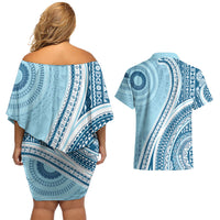 Bula Fiji Vintage Tapa Couples Matching Off Shoulder Short Dress and Hawaiian Shirt Kaivity Masi Wave Motifs - Turquoise LT7 - Polynesian Pride