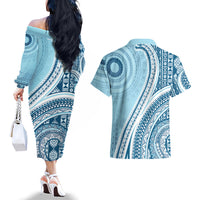 Bula Fiji Vintage Tapa Couples Matching Off The Shoulder Long Sleeve Dress and Hawaiian Shirt Kaivity Masi Wave Motifs - Turquoise LT7 - Polynesian Pride