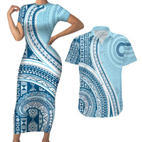 Bula Fiji Vintage Tapa Couples Matching Short Sleeve Bodycon Dress and Hawaiian Shirt Kaivity Masi Wave Motifs - Turquoise LT7 Turquoise - Polynesian Pride