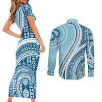 Bula Fiji Vintage Tapa Couples Matching Short Sleeve Bodycon Dress and Long Sleeve Button Shirt Kaivity Masi Wave Motifs - Turquoise LT7 - Polynesian Pride