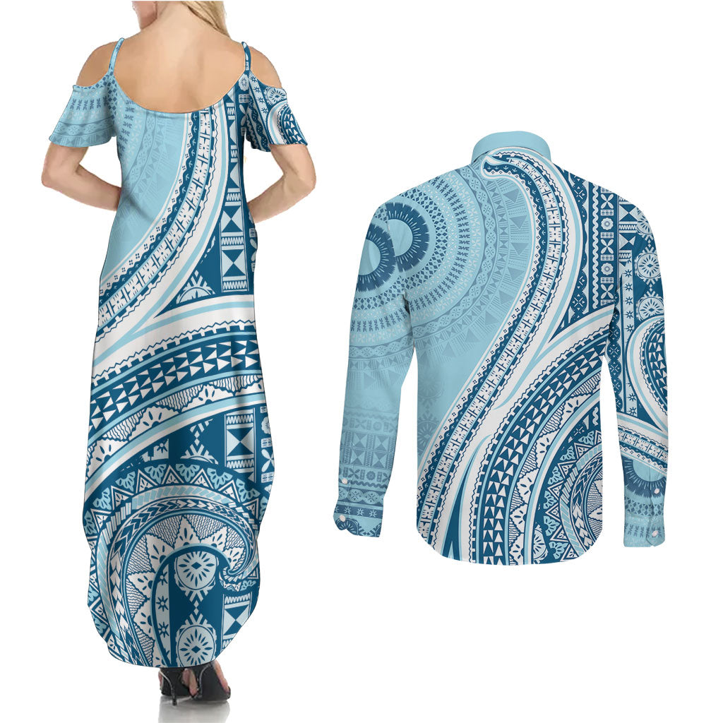 Bula Fiji Vintage Tapa Couples Matching Summer Maxi Dress and Long Sleeve Button Shirt Kaivity Masi Wave Motifs - Turquoise