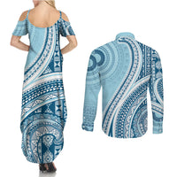 Bula Fiji Vintage Tapa Couples Matching Summer Maxi Dress and Long Sleeve Button Shirt Kaivity Masi Wave Motifs - Turquoise