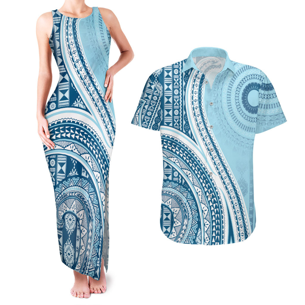 Bula Fiji Vintage Tapa Couples Matching Tank Maxi Dress and Hawaiian Shirt Kaivity Masi Wave Motifs - Turquoise LT7 Turquoise - Polynesian Pride