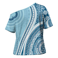 Bula Fiji Vintage Tapa Cross Shoulder Shirt Kaivity Masi Wave Motifs - Turquoise