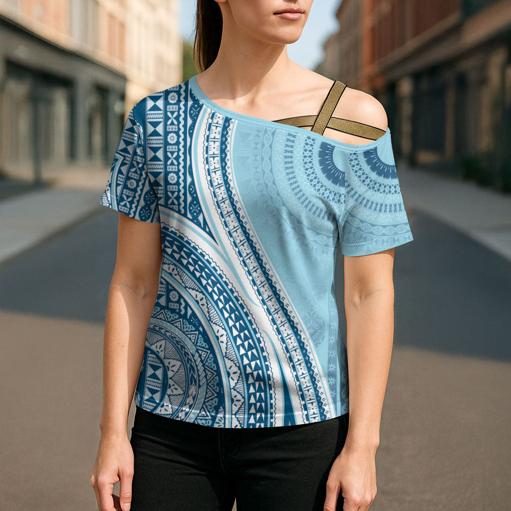 Bula Fiji Vintage Tapa Cross Shoulder Shirt Kaivity Masi Wave Motifs - Turquoise