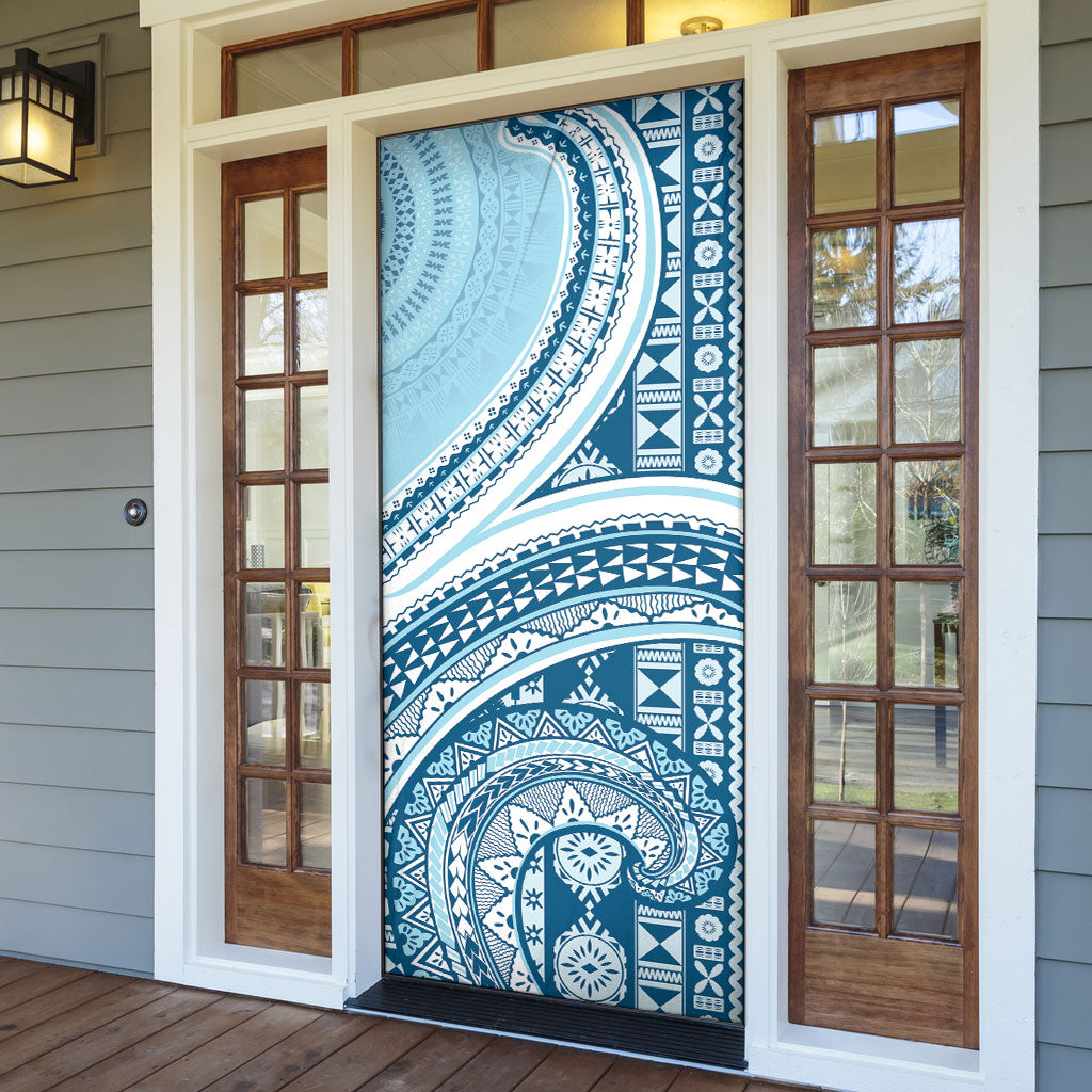 Bula Fiji Vintage Tapa Door Cover Kaivity Masi Wave Motifs - Turquoise