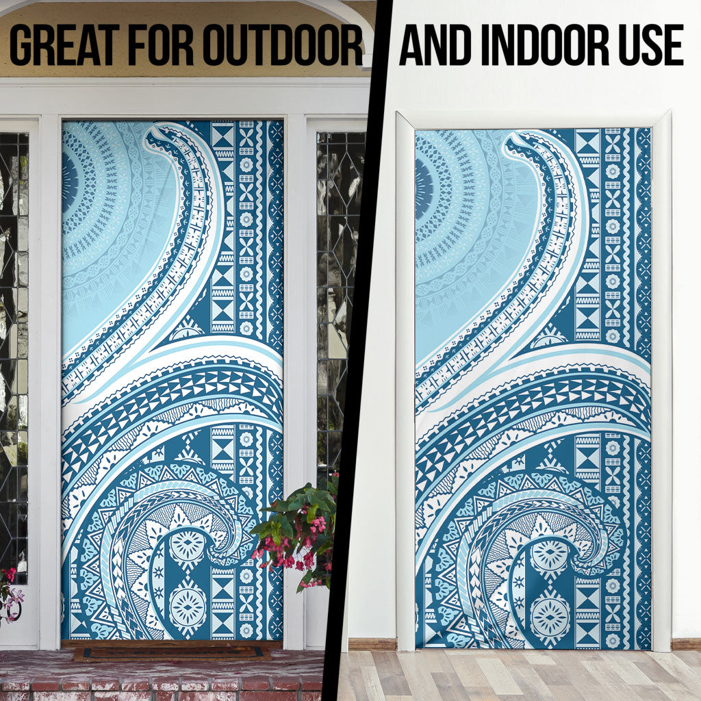 Bula Fiji Vintage Tapa Door Cover Kaivity Masi Wave Motifs - Turquoise
