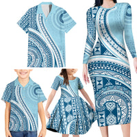 Bula Fiji Vintage Tapa Family Matching Long Sleeve Bodycon Dress and Hawaiian Shirt Kaivity Masi Wave Motifs - Turquoise LT7 - Polynesian Pride