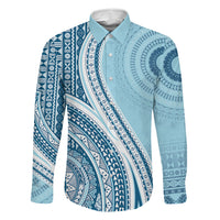 Bula Fiji Vintage Tapa Family Matching Long Sleeve Bodycon Dress and Hawaiian Shirt Kaivity Masi Wave Motifs - Turquoise LT7 Dad's Shirt - Long Sleeve Turquoise - Polynesian Pride