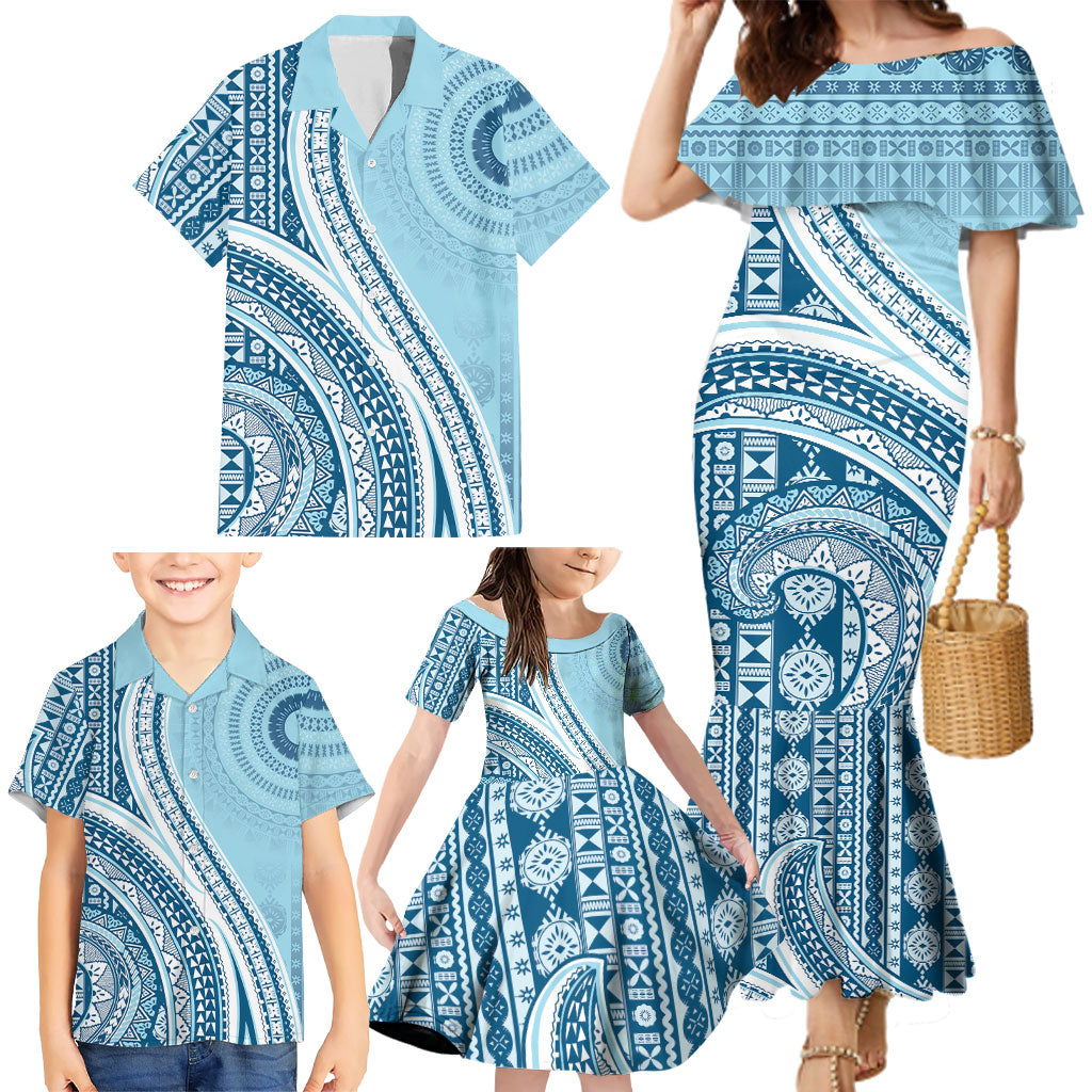 Bula Fiji Vintage Tapa Family Matching Mermaid Dress and Hawaiian Shirt Kaivity Masi Wave Motifs - Turquoise LT7 - Polynesian Pride