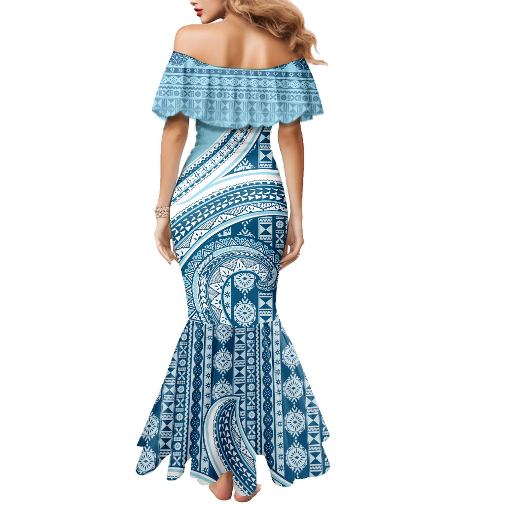 Bula Fiji Vintage Tapa Family Matching Mermaid Dress and Hawaiian Shirt Kaivity Masi Wave Motifs - Turquoise LT7 - Polynesian Pride