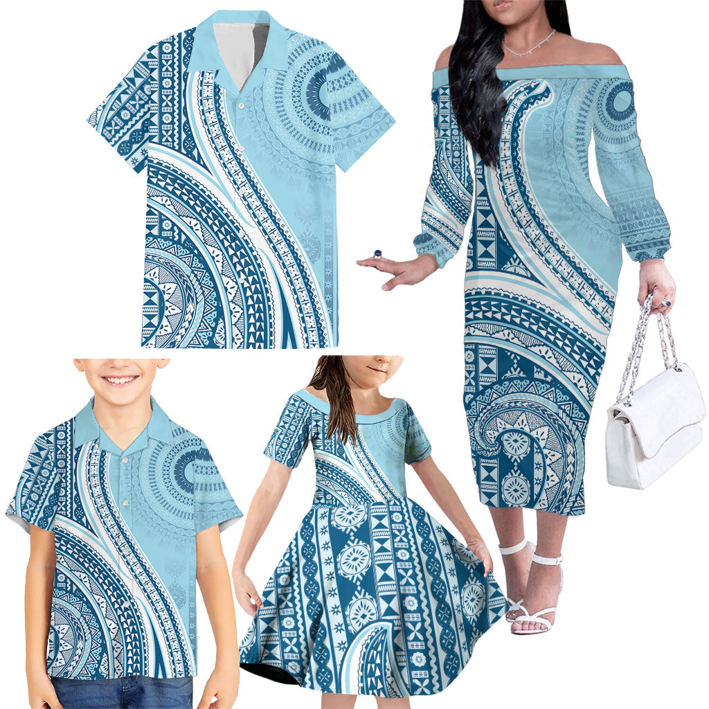 Bula Fiji Vintage Tapa Family Matching Off The Shoulder Long Sleeve Dress and Hawaiian Shirt Kaivity Masi Wave Motifs - Turquoise LT7 - Polynesian Pride