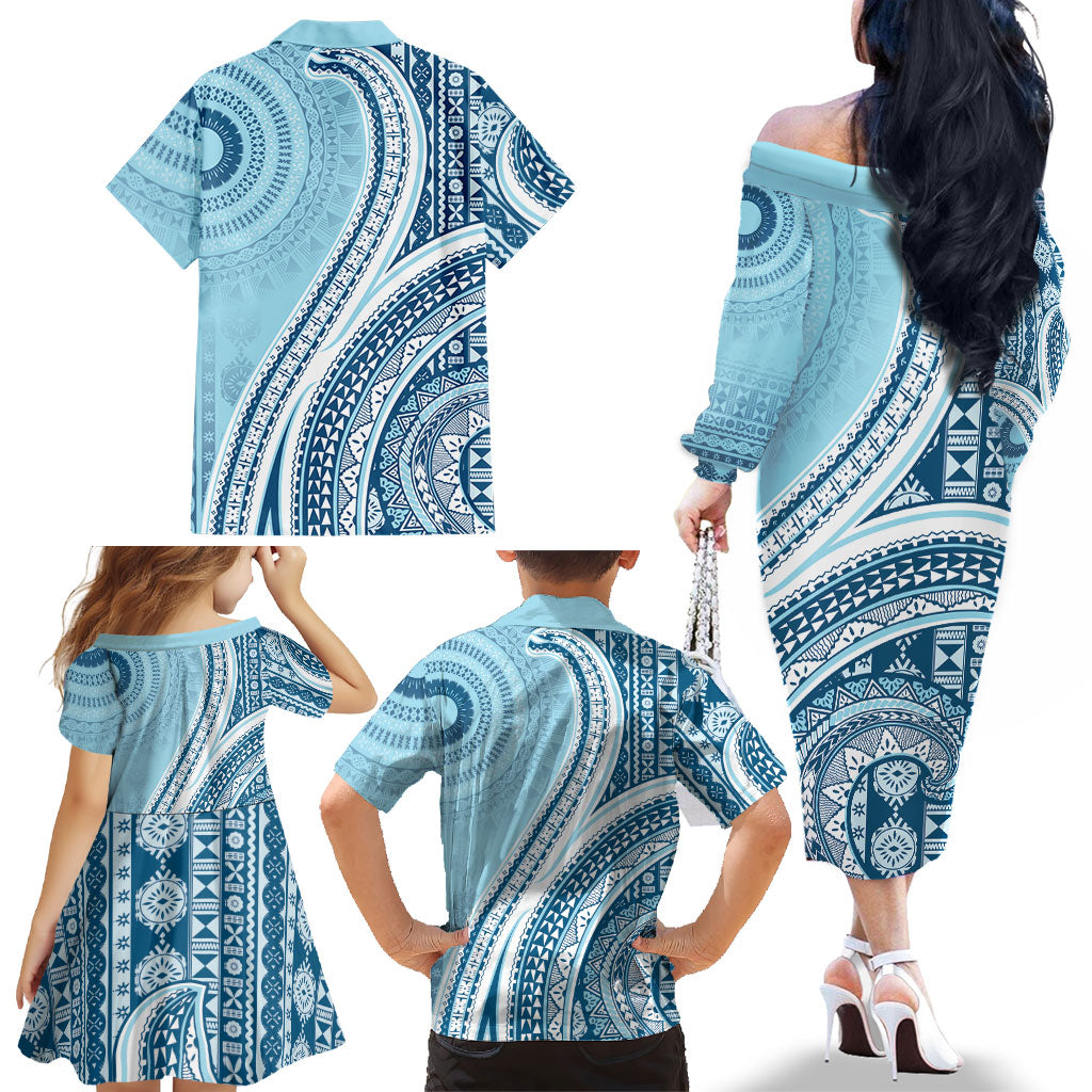 Bula Fiji Vintage Tapa Family Matching Off The Shoulder Long Sleeve Dress and Hawaiian Shirt Kaivity Masi Wave Motifs - Turquoise LT7 - Polynesian Pride