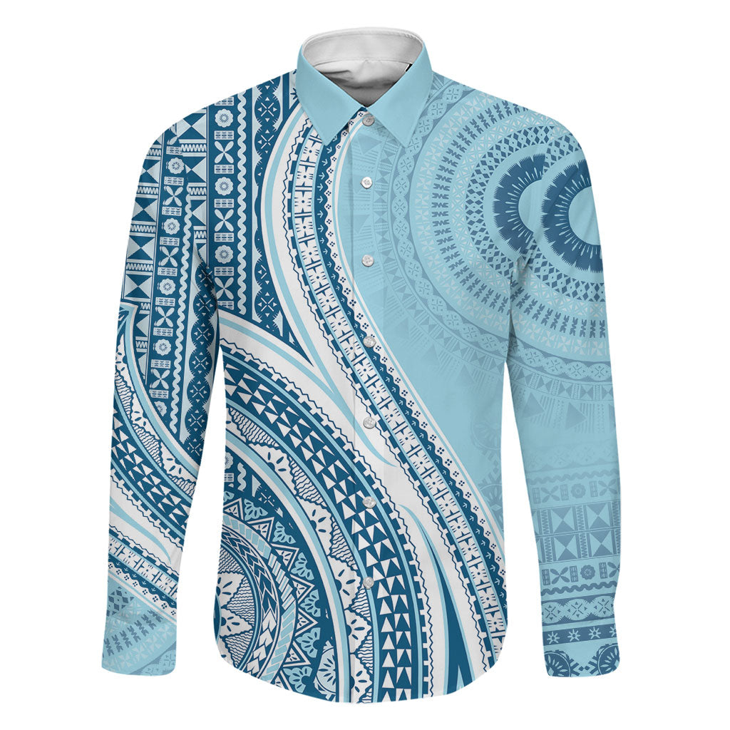 Bula Fiji Vintage Tapa Family Matching Off The Shoulder Long Sleeve Dress and Hawaiian Shirt Kaivity Masi Wave Motifs - Turquoise LT7 Dad's Shirt - Long Sleeve Turquoise - Polynesian Pride
