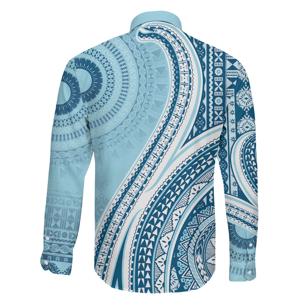 Bula Fiji Vintage Tapa Family Matching Off The Shoulder Long Sleeve Dress and Hawaiian Shirt Kaivity Masi Wave Motifs - Turquoise LT7 - Polynesian Pride