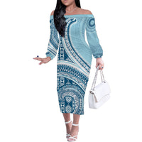 Bula Fiji Vintage Tapa Family Matching Off The Shoulder Long Sleeve Dress and Hawaiian Shirt Kaivity Masi Wave Motifs - Turquoise LT7 Mom's Dress Turquoise - Polynesian Pride