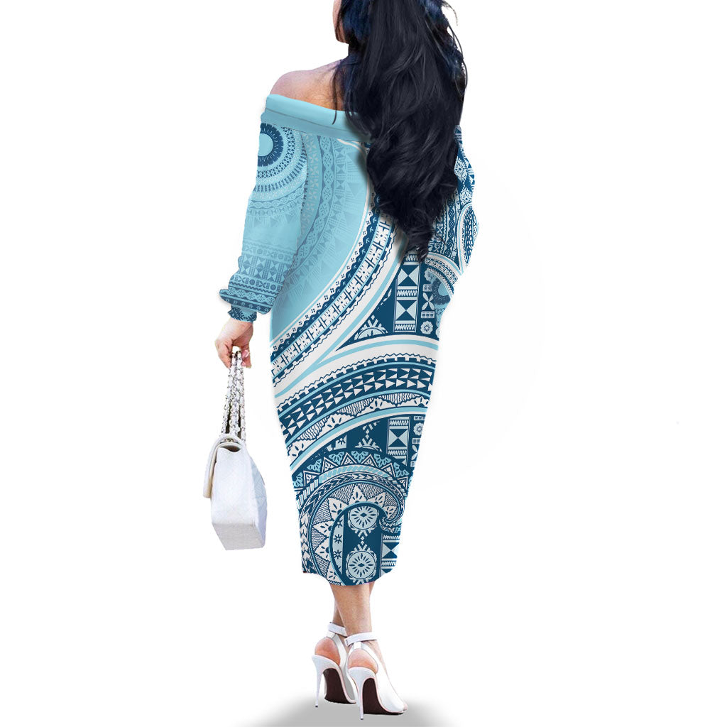Bula Fiji Vintage Tapa Family Matching Off The Shoulder Long Sleeve Dress and Hawaiian Shirt Kaivity Masi Wave Motifs - Turquoise LT7 - Polynesian Pride