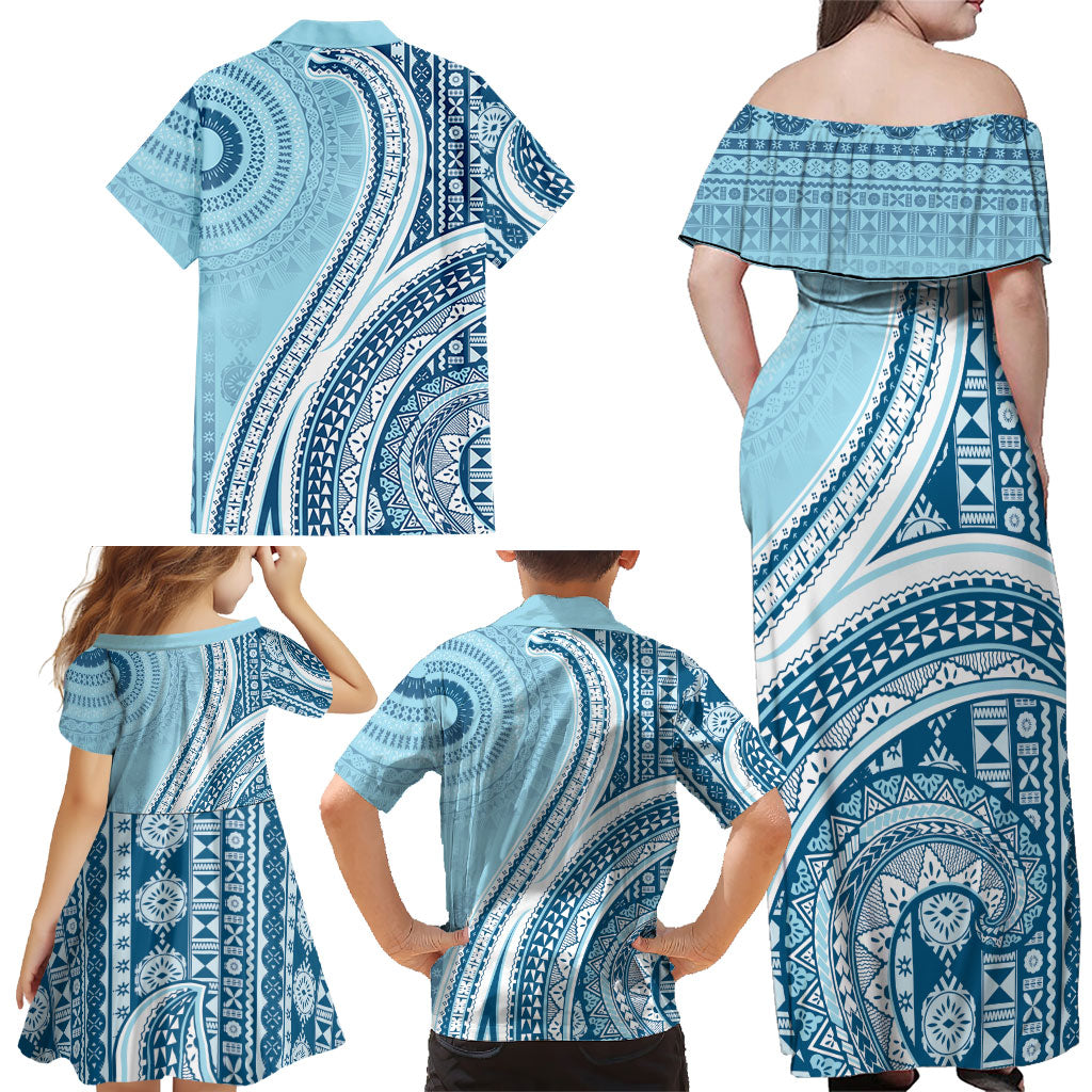 Bula Fiji Vintage Tapa Family Matching Off Shoulder Maxi Dress and Hawaiian Shirt Kaivity Masi Wave Motifs - Turquoise LT7 - Polynesian Pride