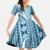 Bula Fiji Vintage Tapa Family Matching Off Shoulder Short Dress and Hawaiian Shirt Kaivity Masi Wave Motifs - Turquoise LT7 Daughter's Dress Turquoise - Polynesian Pride