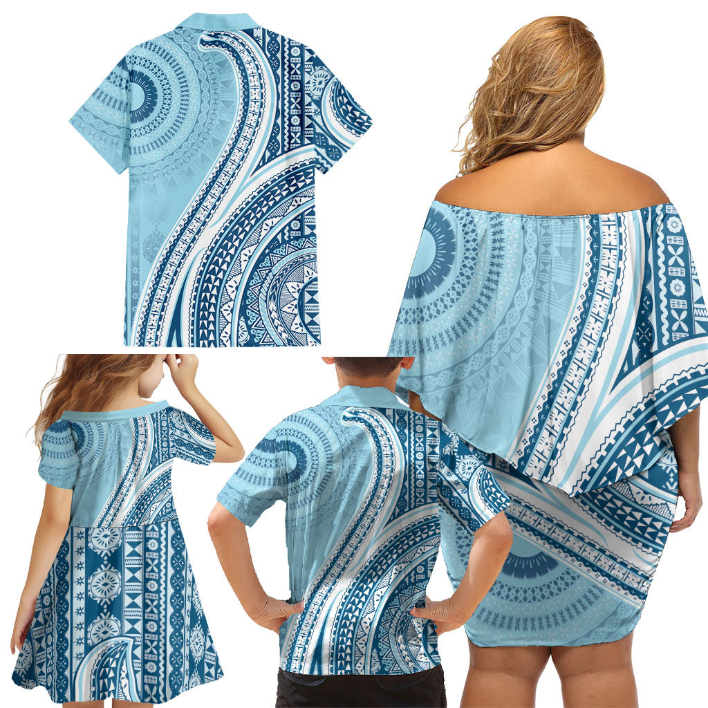 Bula Fiji Vintage Tapa Family Matching Off Shoulder Short Dress and Hawaiian Shirt Kaivity Masi Wave Motifs - Turquoise LT7 - Polynesian Pride