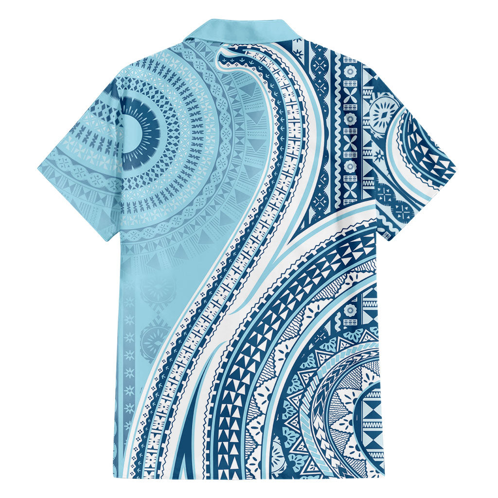Bula Fiji Vintage Tapa Family Matching Off Shoulder Short Dress and Hawaiian Shirt Kaivity Masi Wave Motifs - Turquoise LT7 - Polynesian Pride