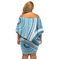 Bula Fiji Vintage Tapa Family Matching Off Shoulder Short Dress and Hawaiian Shirt Kaivity Masi Wave Motifs - Turquoise LT7 - Polynesian Pride