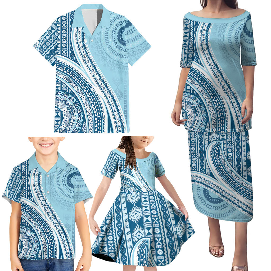 Bula Fiji Vintage Tapa Family Matching Puletasi and Hawaiian Shirt Kaivity Masi Wave Motifs - Turquoise LT7 - Polynesian Pride