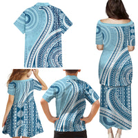 Bula Fiji Vintage Tapa Family Matching Puletasi and Hawaiian Shirt Kaivity Masi Wave Motifs - Turquoise LT7 - Polynesian Pride